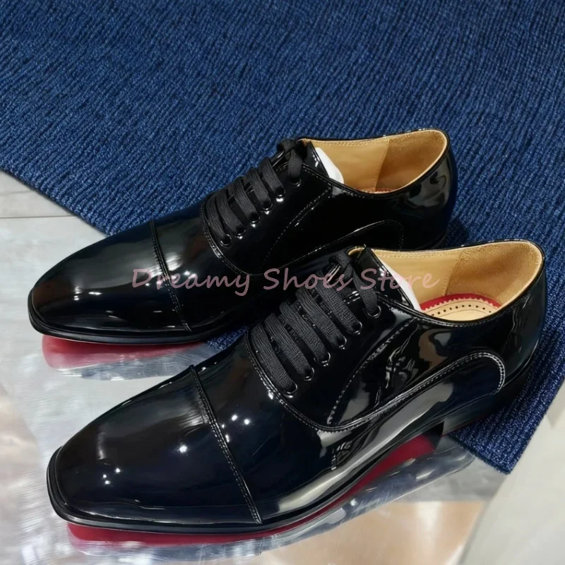 

Black Patent Leather Lace Up Dress Shoes Men Square Toe Low Heels Oxford Shoes Men's Fashion Luxury Business Wedding Formal Shoe