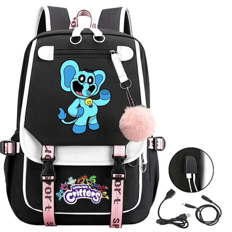 Sac à dos imprimé de dessin animé pour adolescentes, cartable pour ordinateur portable, cartable de voyage, cartable d'école, créatures souriantes, charge USB