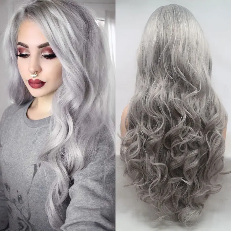 Silver Grey Deep Wave Hair Wig Synthetic 13x4 Lace Front Wigs High Quality Heat Resistant Fiber Hair Side Part For Black Women