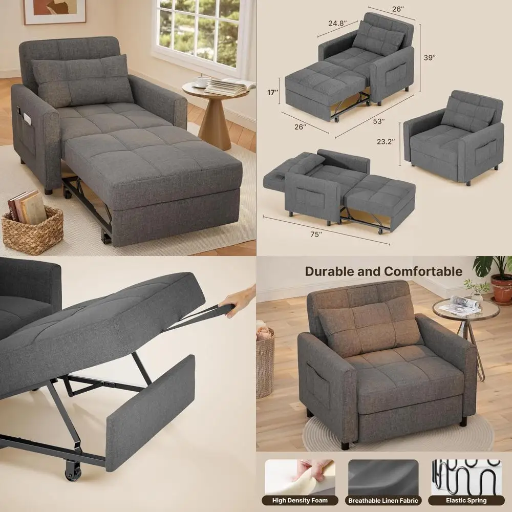 Convertible Sofa Bed Chair 3-in-1, Pullout Single Sleeper, Adjustable Backrest, Spacious Multifunctional Furniture for Comfortab