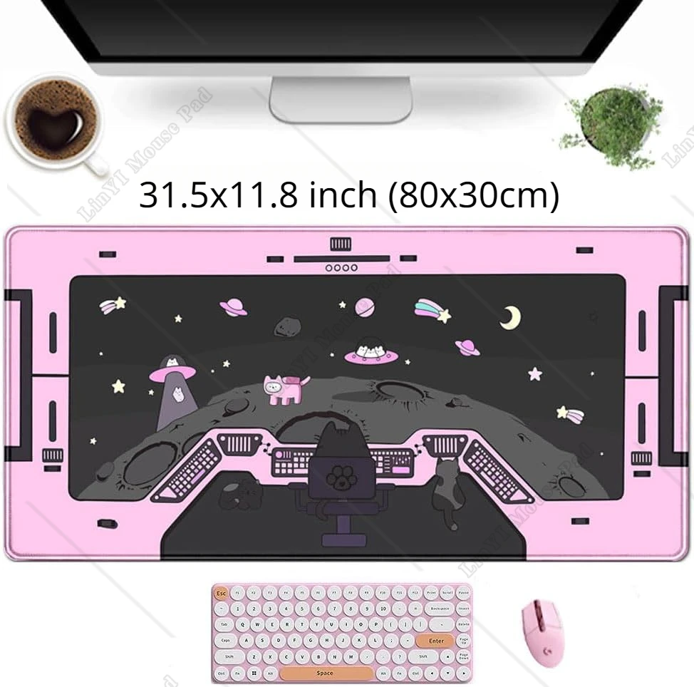 Pink Gaming Mouse Pad XL 31.5 x 11.8 Inch Space Cat Desk Pad Black Gaming Desk Decoration with Non-Slip Base Stitched Eges