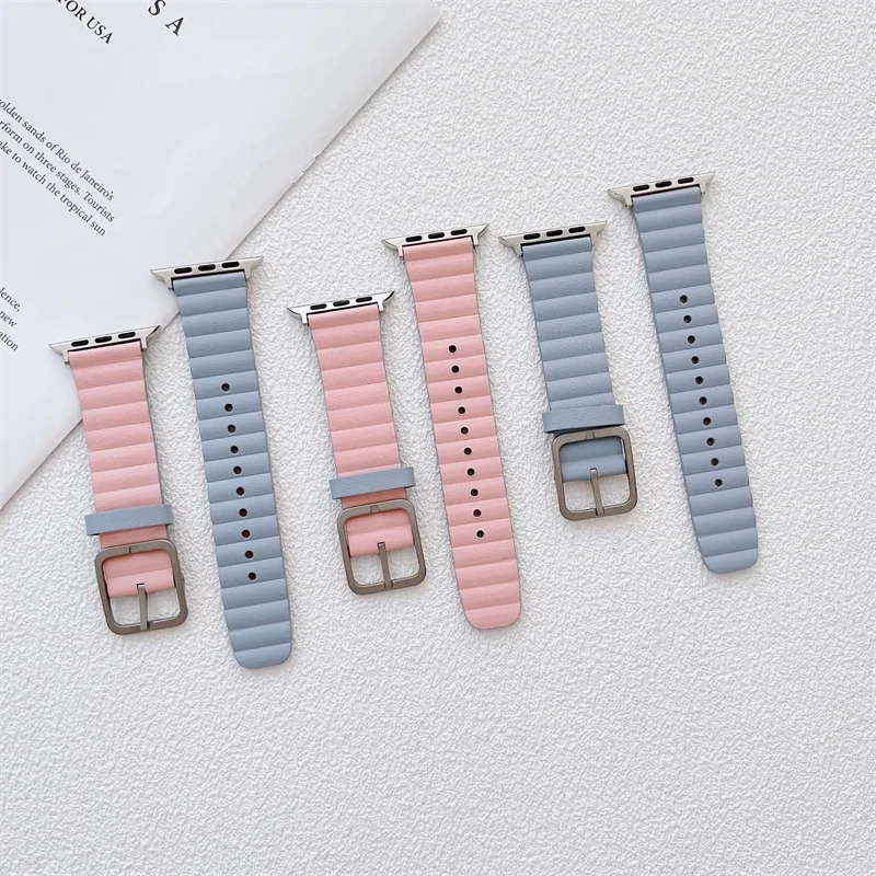 Double Color Square Buckle Leather Watch Strap for Apple Watch Series 7/6/5/4/se/3/2/1 Stylish Simplicity smart watch