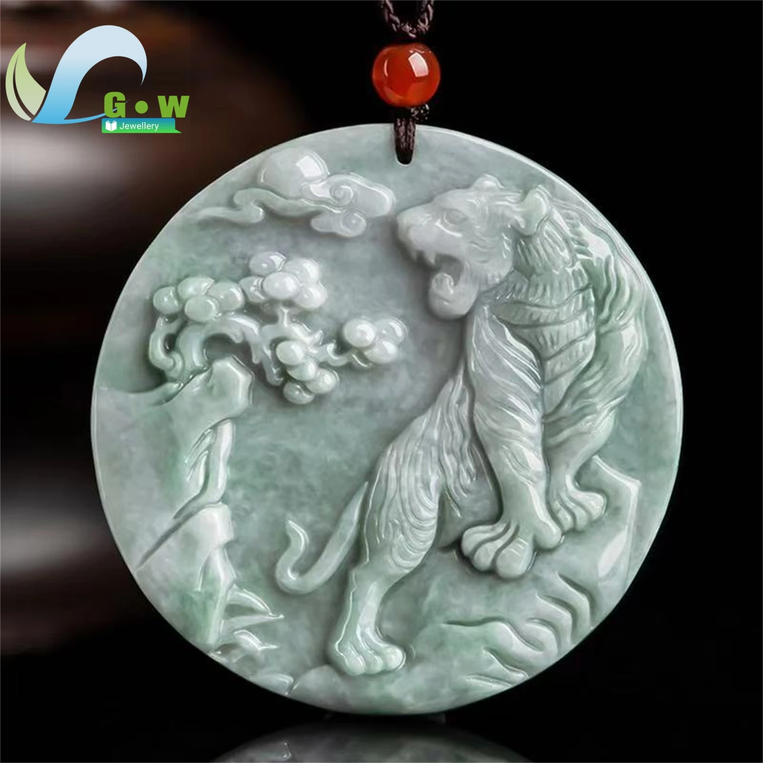 Natural A Grade Jadeite Roaring Tiger Plaque Pendant Bean Texture Hanging Ornament Unisex Ethnic Style Jewelry Gift
