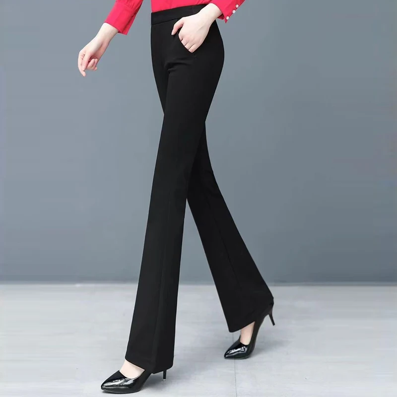 Pantalon Évasé en Peluche pour Femme, Noir, Taille Haute, Slim, Mode Coréenne, Élégant, Bureau, Automne, Hiver, 2023