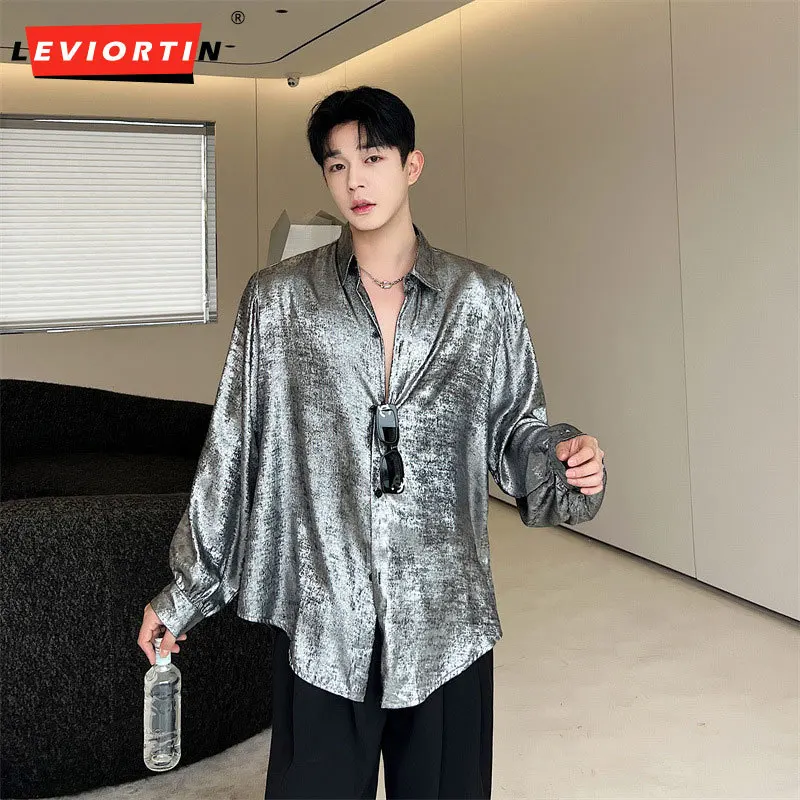 

LEVIORTIN Long Sleeve Silver Fashionable Men Shirt Lapel Single Breasted Loose Reflect Light Nightclub Korean Style Male Top