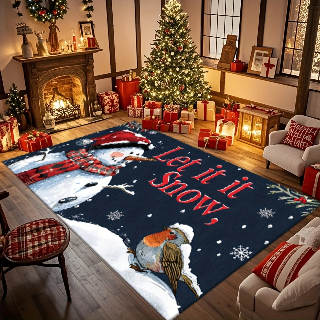 Christmas Snowman Robin Bird Print Decor Rug, 