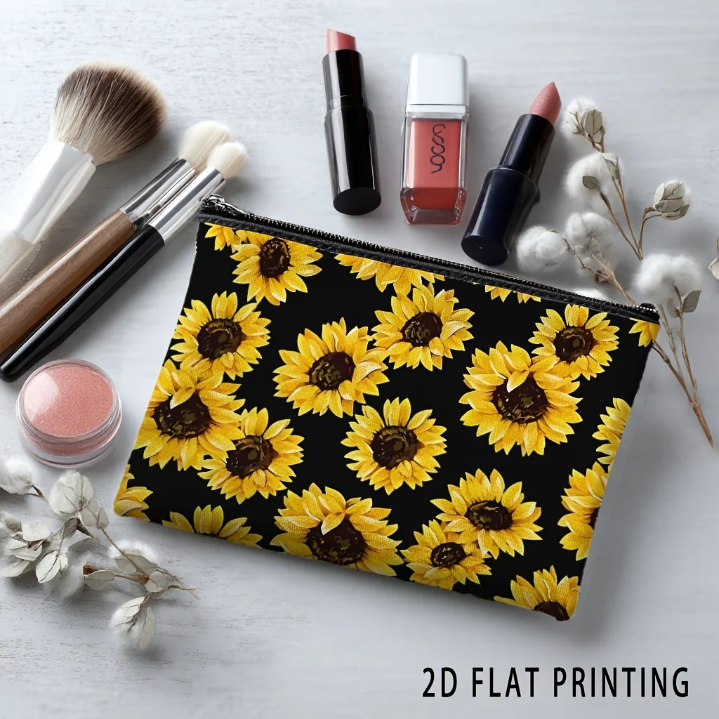 1Pc Sunflower Retro Design Multifunctional Travel Makeup Bag, Snack Storage Bag, Stationery Storage Bag, Fashionable Toiletry Bag, Canvas Double-Sided Printed Zipper Pouch
