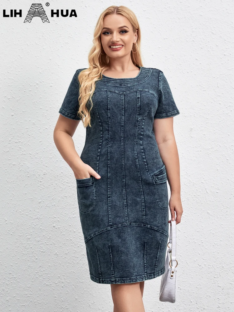 LIH HUA Women's Plus Size Denim Dress Spring Cotton Woven Crew Neck Casual Fashion Dress