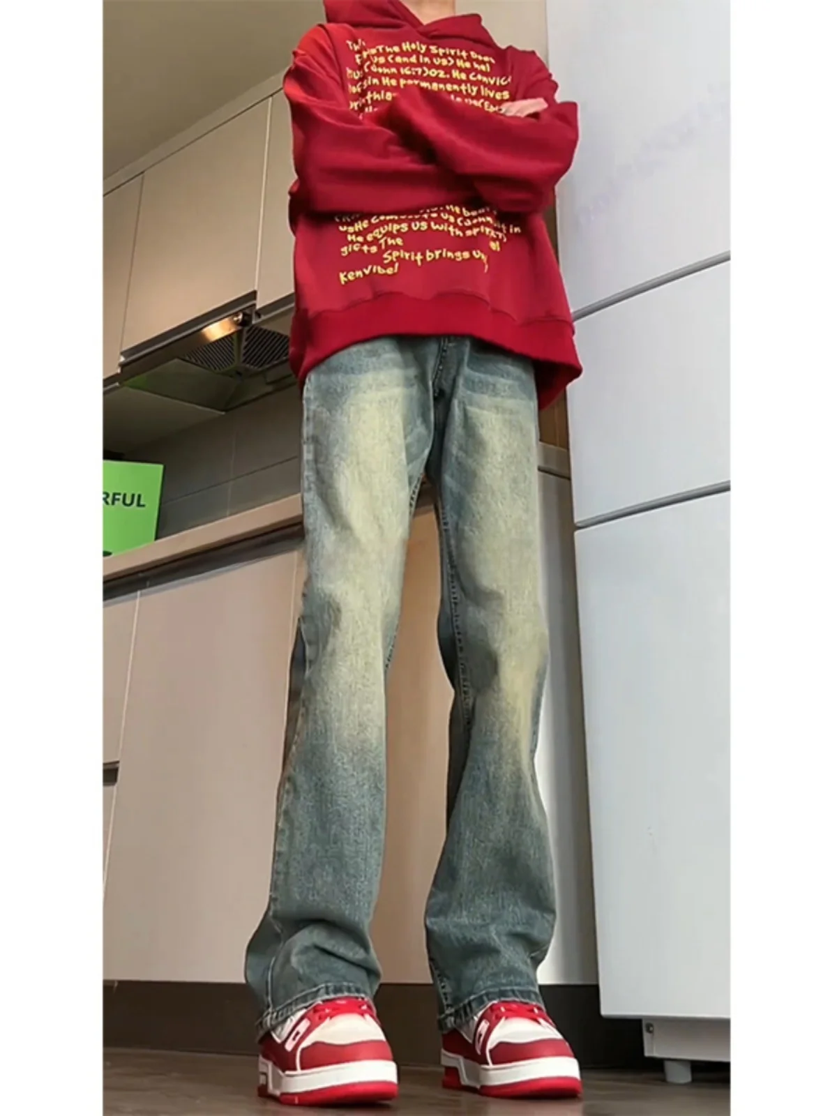 

High Street Vibe Men's Extended Length Bell Bot Jeans Retro Blue Denim Waed Straight Leg Stretchy Slim Fit mid High Waist