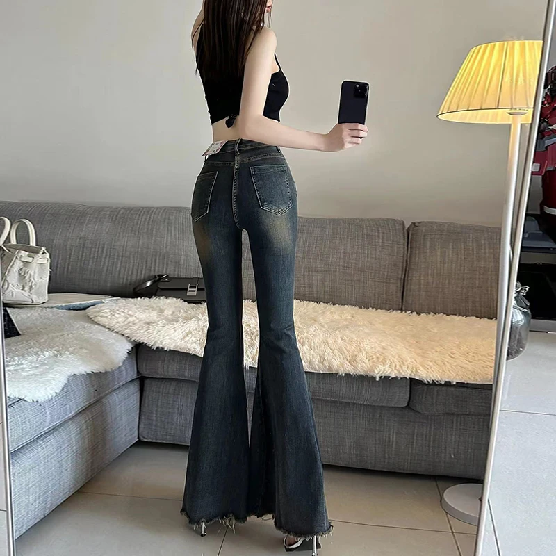 Fashion Retro Hollow Slim Fishtail High Waist Slightly Stretch Denim Flared Pants