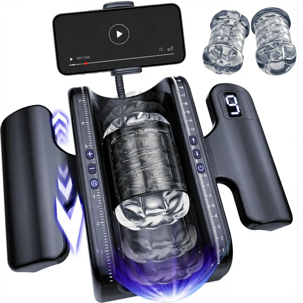 Automatic Male Masturbator Machine with Phone Holder Hands-Free Piston Thrusting Vibration 10 Modes Realistic Soft Sleeve Adult