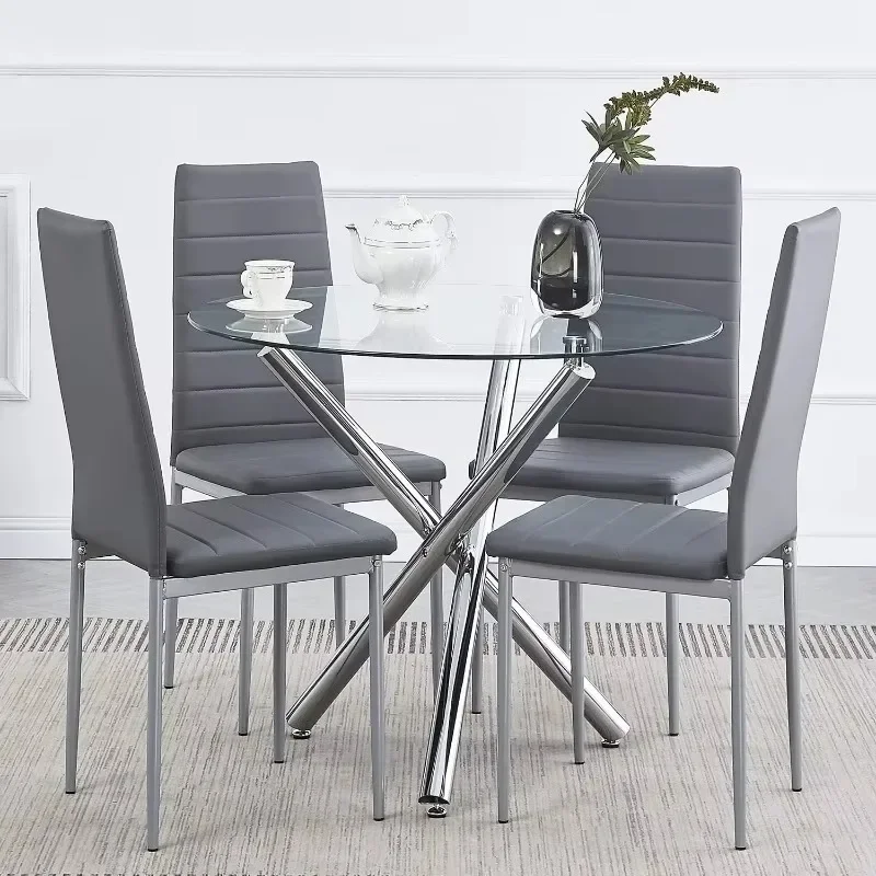 Dining Set for 4, Round Glass Dining Table with 3 Legs and 4 Metal Chair Home Office Kitchen Dining Room,Silver+Gray