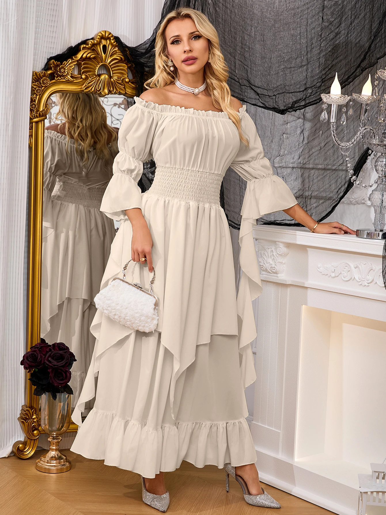 Beige Off Shoulder Ruffle Maxi Dress Smocked Waist Layered Irregular Hem Flare Sleeve Party Dress - view 5
