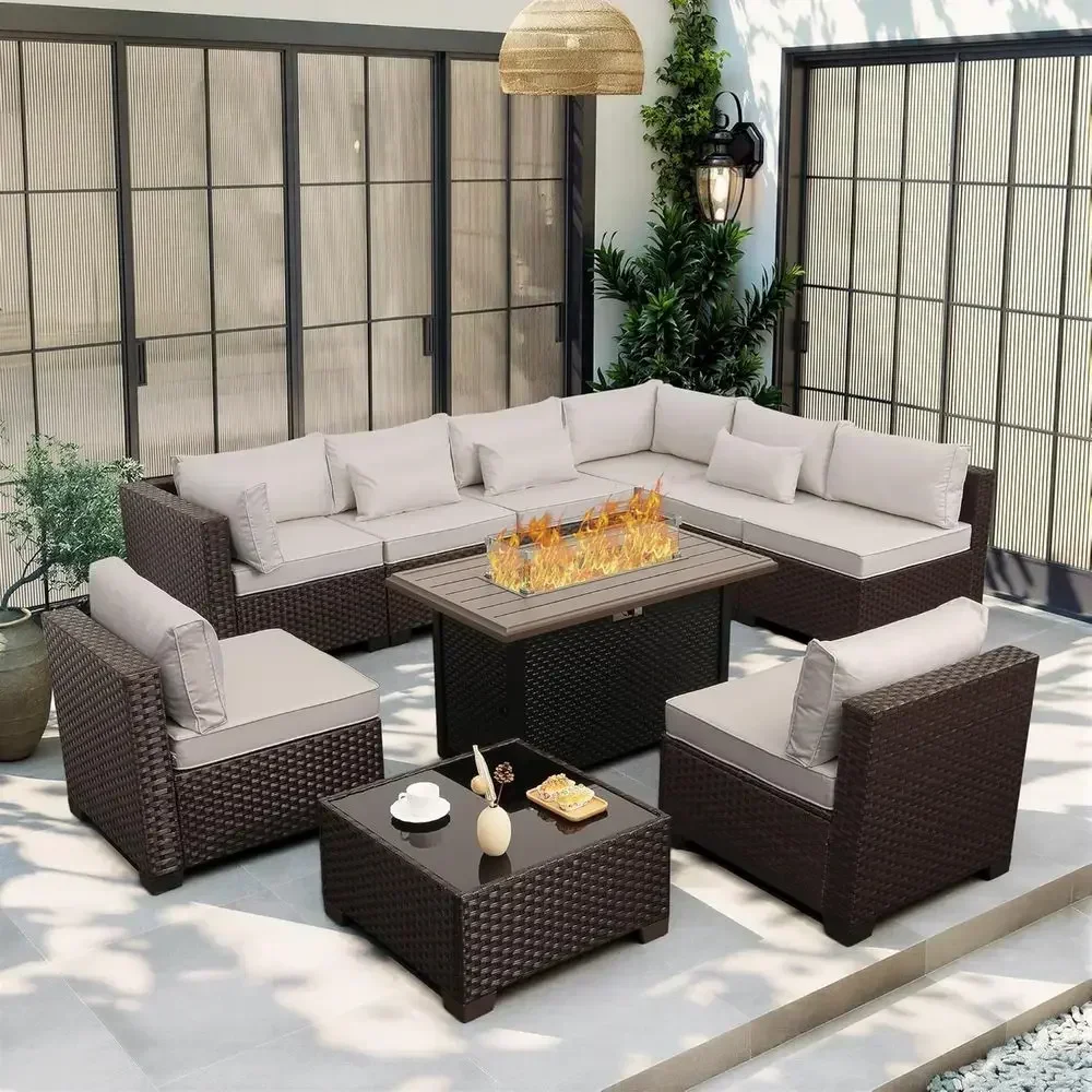 10-Piece Outdoor Wicker Sectional Patio Furniture Set with Cushions and 45 Fire Pit Table, Beige