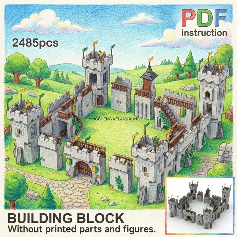 

Модульная средневековая крепость MOC: Замок с вышками наблюдения, воротами и крепостными стенами, модель-конструктор