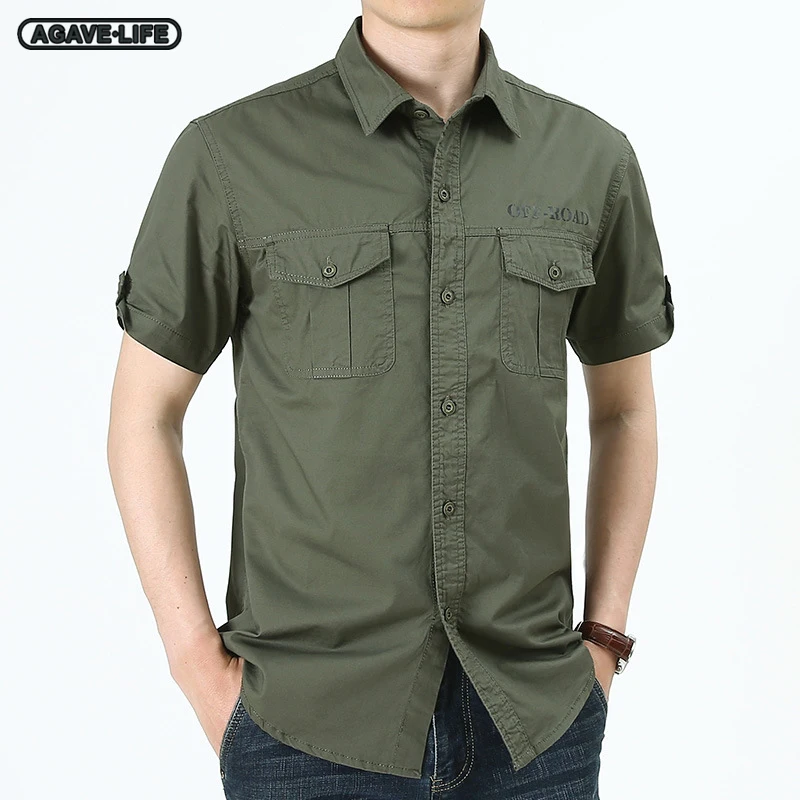 

Summer Men Middle-aged Cotton Shirt Bussiness Men Short Sleeve Shirt Double Pocket Tooling Casual Shirt Men Solid Color Clothing