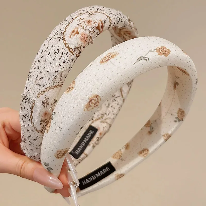 

AWAYTR French Vintage Floral Twill Cotton High Skull Top Headband Wide Edge Sponge Headband Female New Hairhoop for Hair Washing