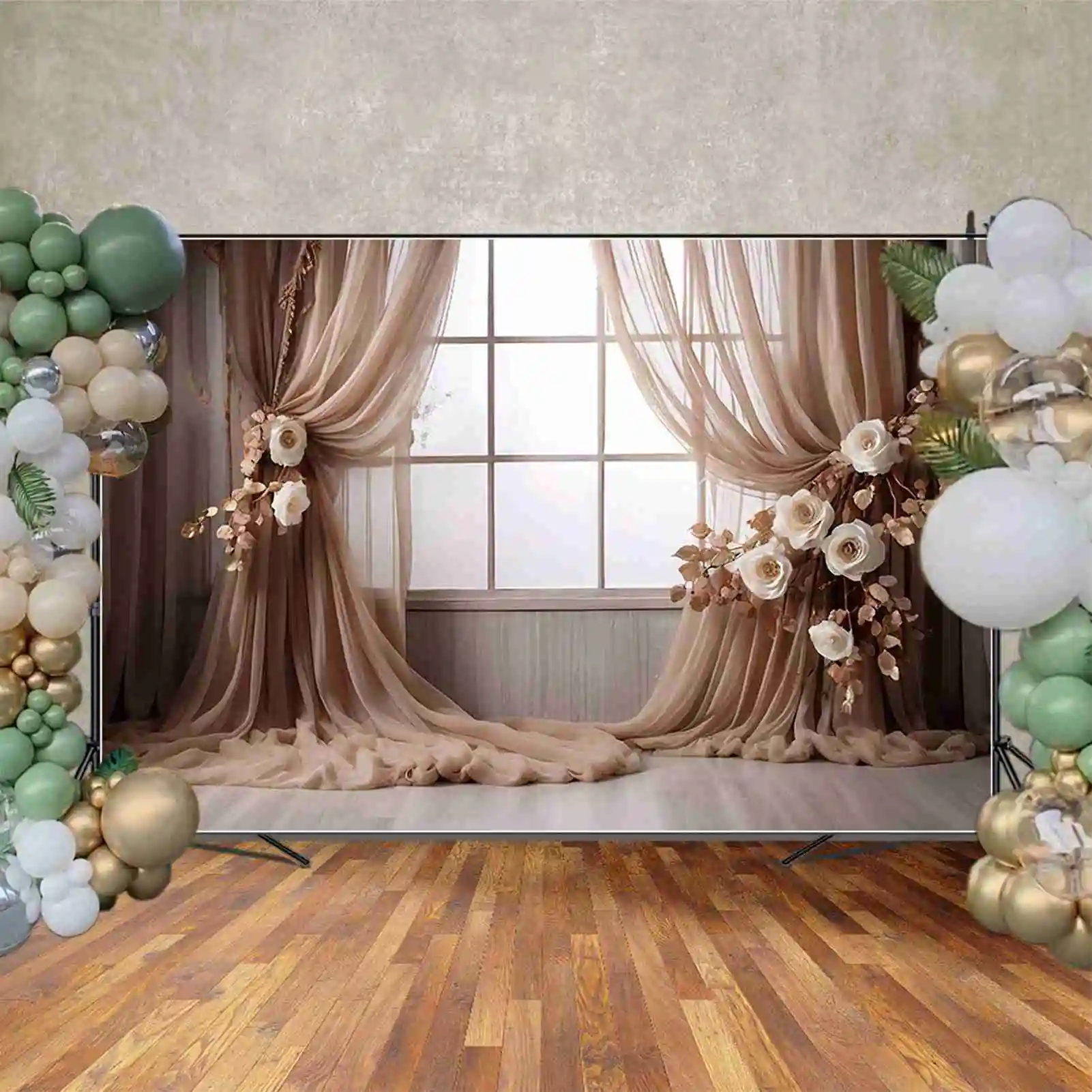 MOON.QG tenda trasparente sfondi di compleanno donne fondali di fiori bohémien in legno puntelli fotografici personalizzati per la decorazione del partito