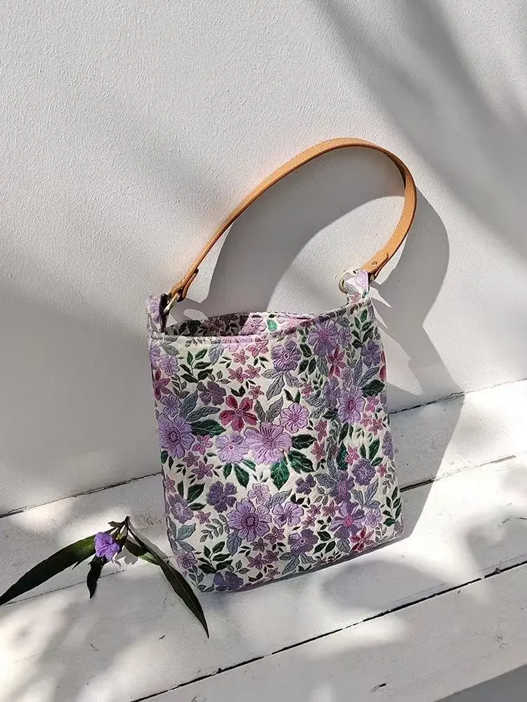 Shoulder Bags Soft Purple Literary Vintage Minority Design Office Lady Solid Color Tote Belt Chain Floral Printed Zipper Square