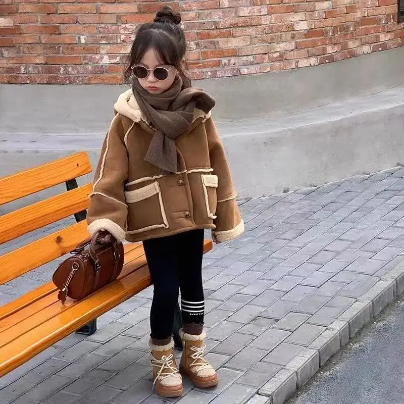 Children's Thick Coat Autumn/Winter Girls' Double sided Thick Lamb Wool Jacket for Baby Warm Winter Top