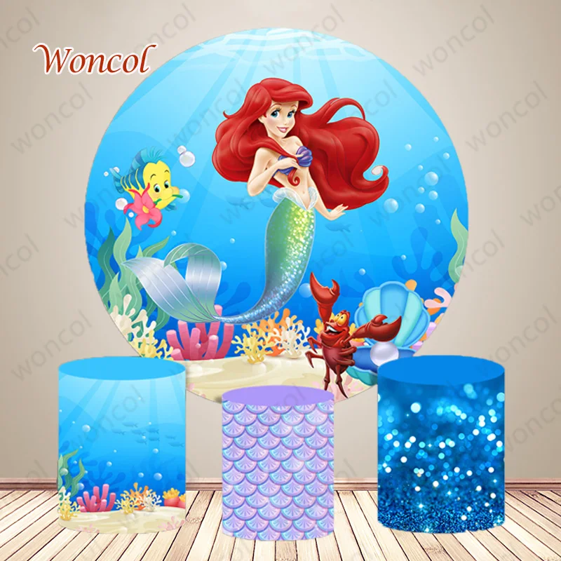 

Disney Ariel Round Backdrop Little Mermaid Girls Birthday Backdrop Baby Shower Under The Sea Mermaid Cylinder Cover Decorations