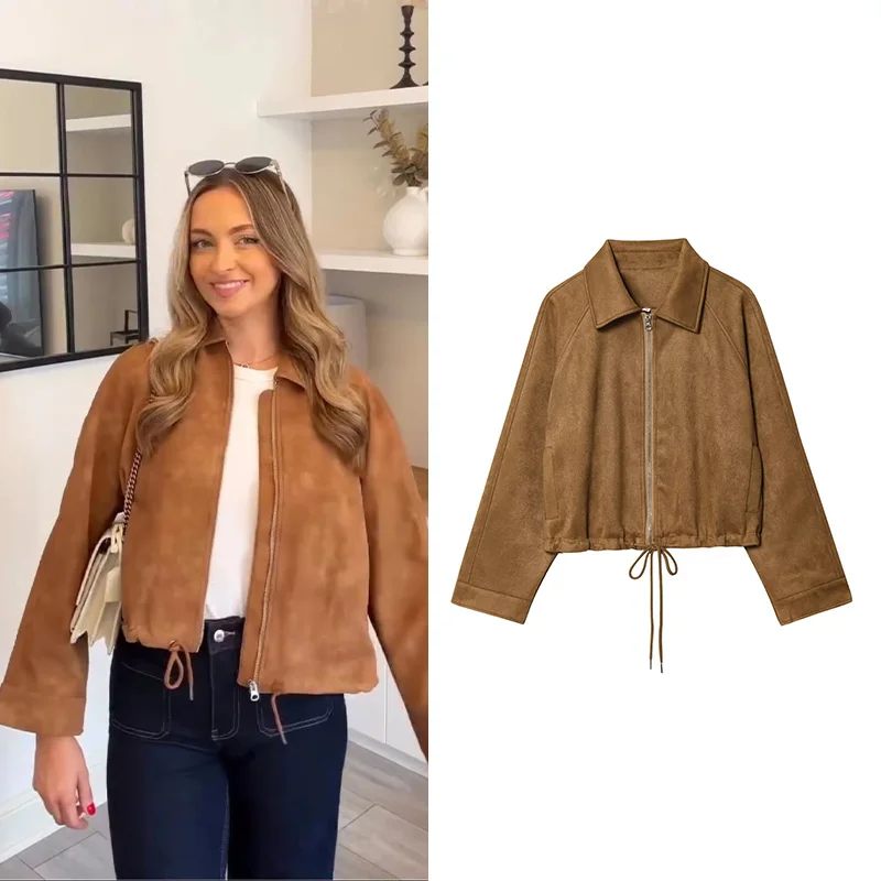 

Женская замшевая куртка HipSeam со шнуровкой, осенние карманы с лацканами на молнии и длинными рукавами, женская короткая куртка, повседневная женская куртка