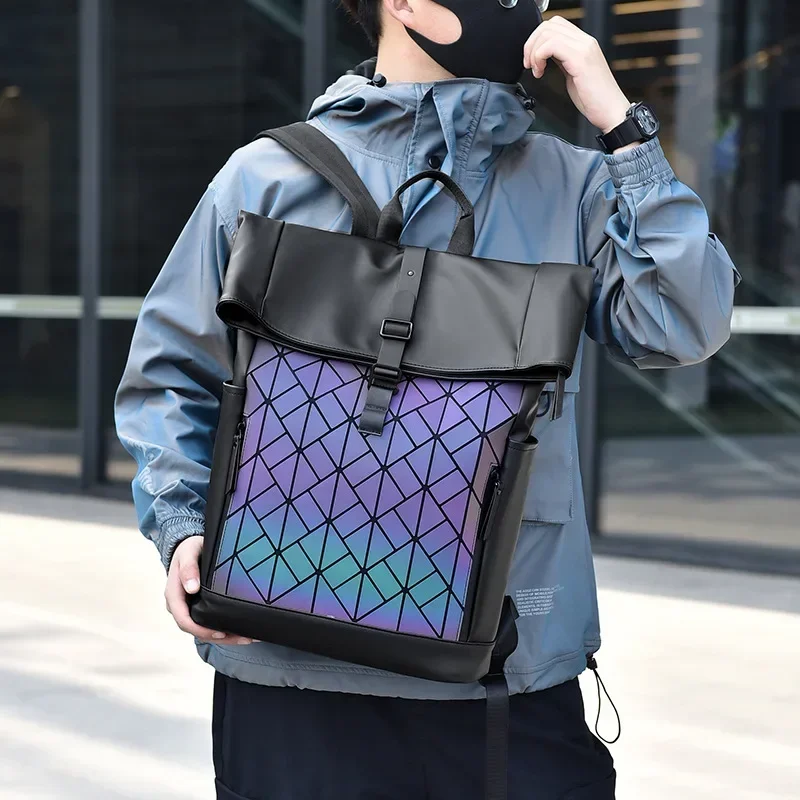 PU Leather Travel Backpack Men\'s Roll Top Large Capacity 15.6 Inch Laptop Waterproof Backpack Reflective Diamond Lattice Bags
