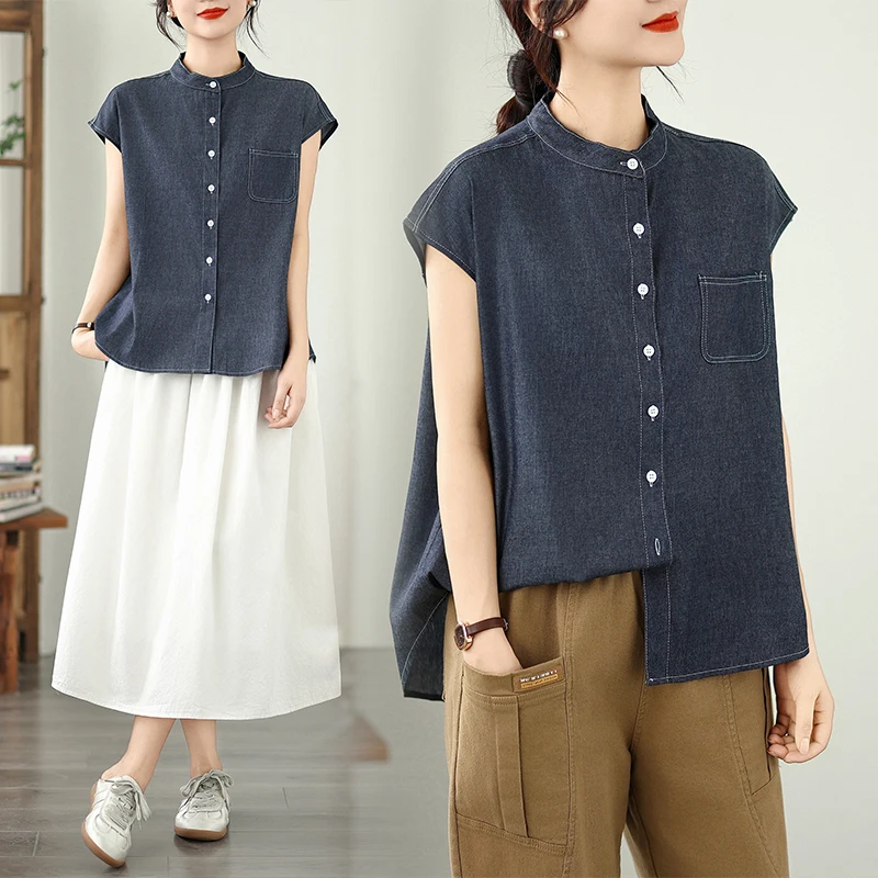 

Синяя джинсовая рубашка в японском стиле ретро, женская летняя тонкая рубашка с короткими рукавами и подплечниками, открытый кардиган из тонкой хлопковой смеси