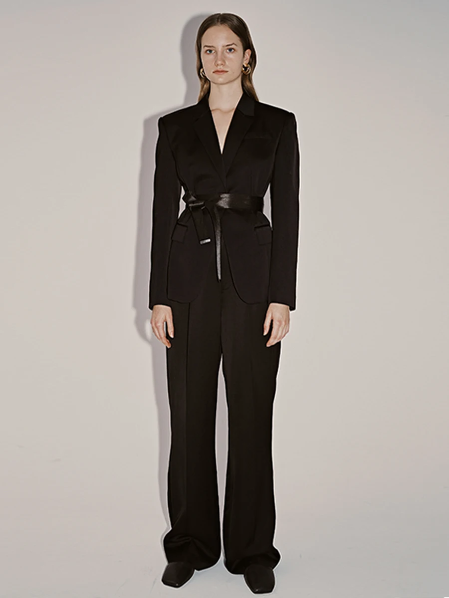 

Bla Glossy Structure Wide oulder Waist Inward Suit Set Independent Cuisuyun Long Sve Button up Fitted Sle