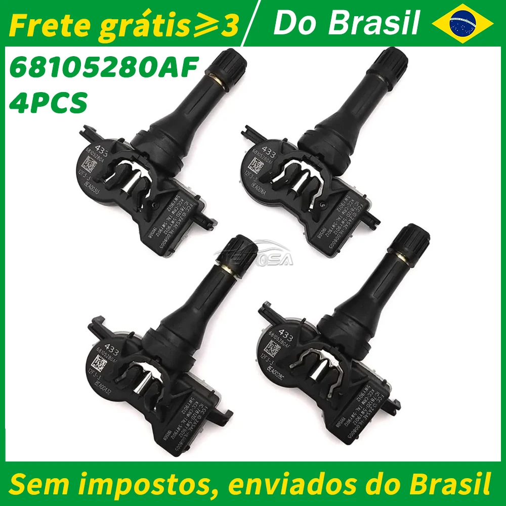 Sensor de Pressão de Pneus 4PCS para Fiat Toro Jeep Renegade Compass 2016 2017 2018-2021 68105280af 53474795 TPMS 68193586AC 433MHz