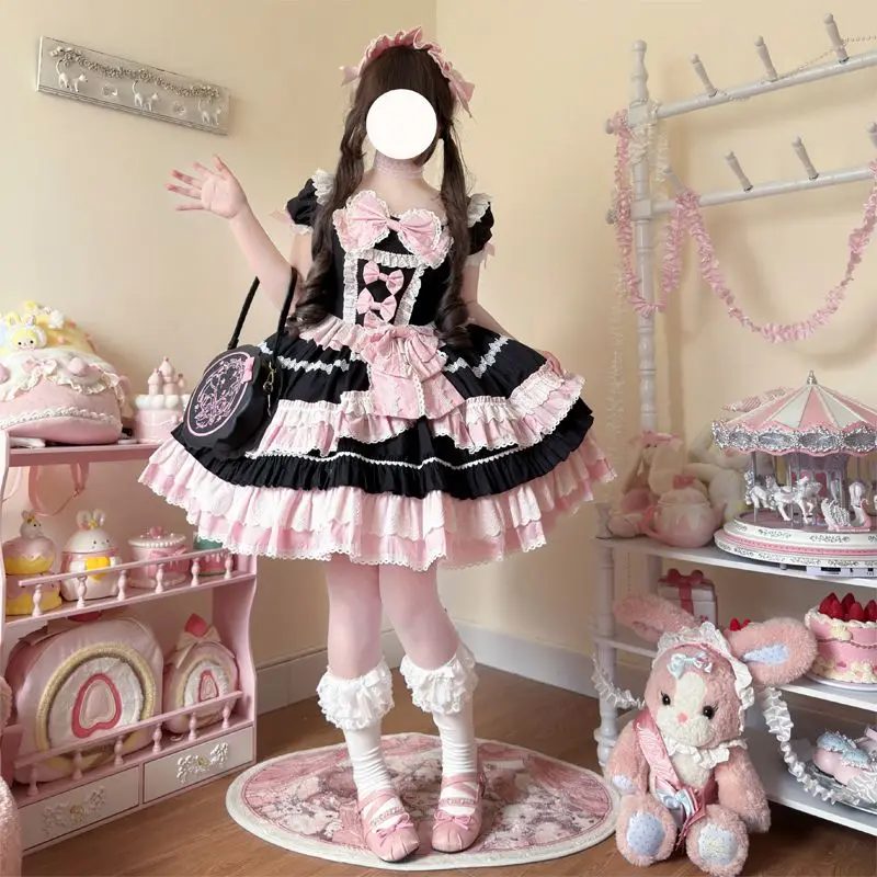 Original Japanese Sweet Princess Lolita Op Dress Square Neck Bubble Sleeve Bow High Waist Kawaii Fluffy Short Dress Women Summer