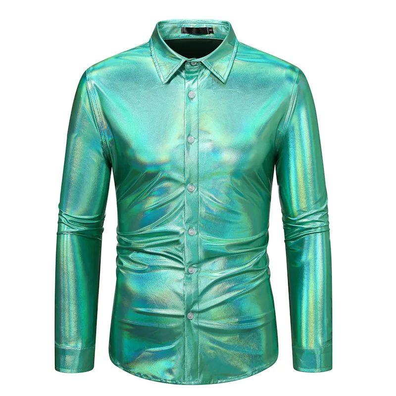 

Mens 70s Disco Party Shirts Shiny Green Metallic Long Sleeve Button Up Dress Shirt Men Nightclub Stage Singer Prom Chemise Homme