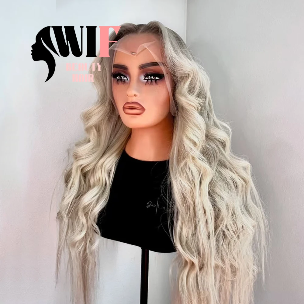 WIF Ombre Blonde 13×4 Lace Part Synthetic Wig Body Wavy Natural Hairline Black Root Ash Blonde Lace Front Wigs Makeup Use Hair