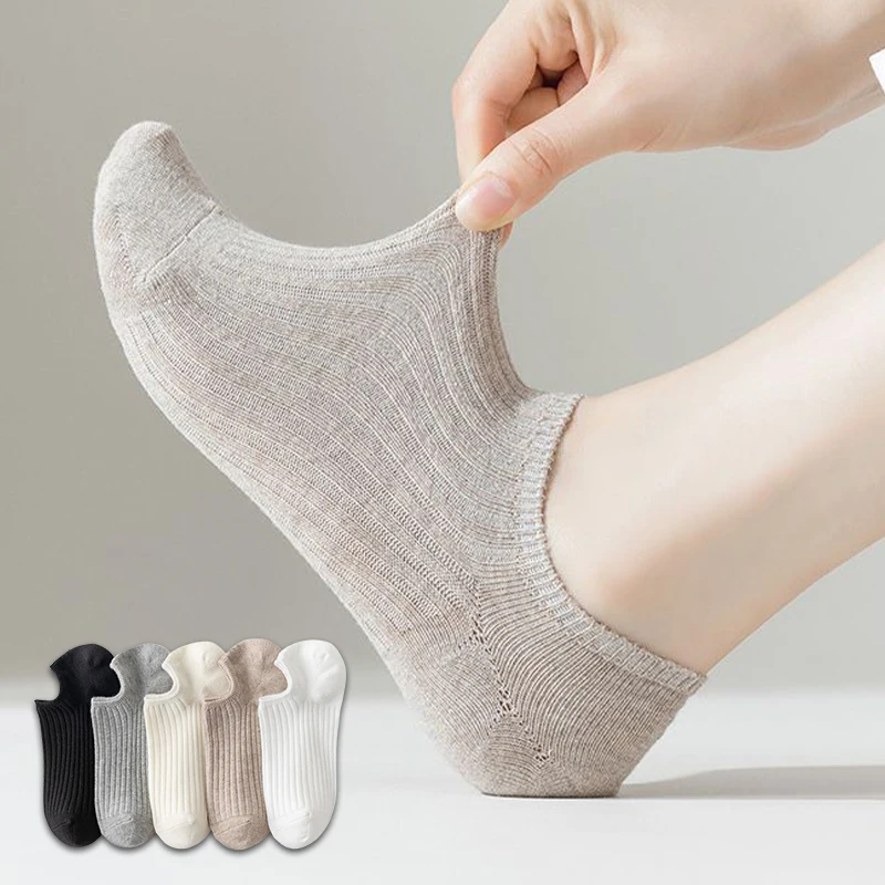 5 Pairs Women\'s Solid No Show Socks Breathable Sweat Resistant Anti-odor Invisible Sock Breathable Casual Comfortable Sox Female