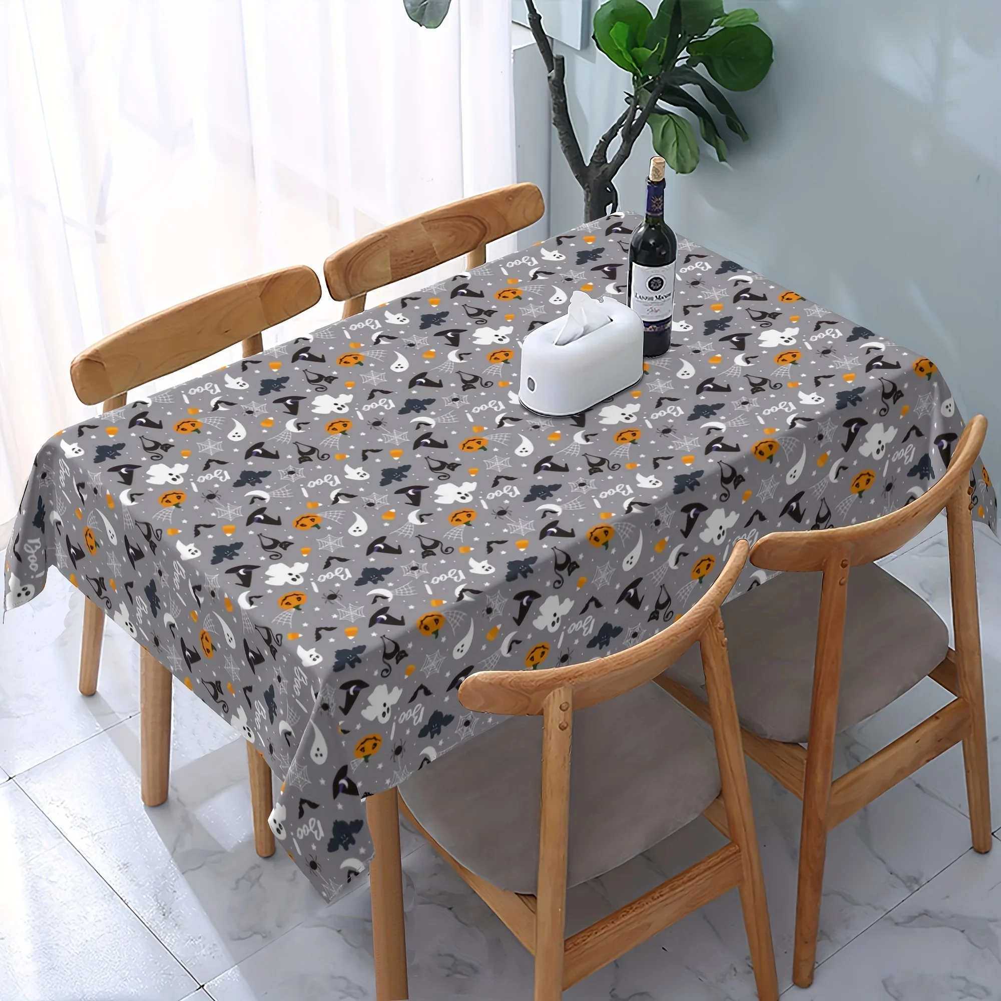 1 piece of Halloween tablecloth - spill-proof, orange and black, featuring mischievous pumpkins, bats, yzb