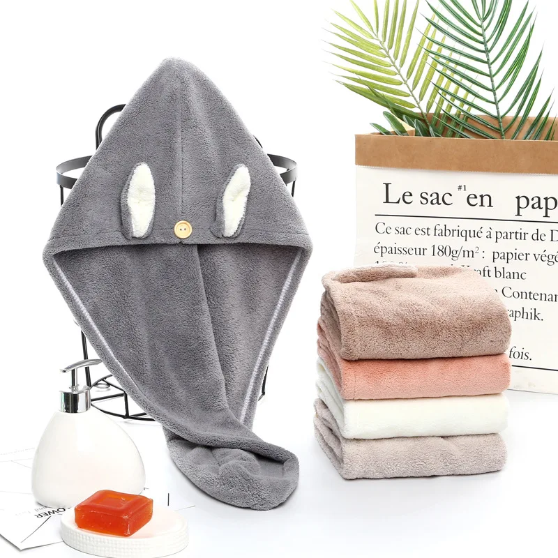 Cartoon Bunny Ear Dry Hair Towel Thick High Density Coral Fleece Hair Towel Hair Drying Cap Soft Water Absorbent Anti-Lint