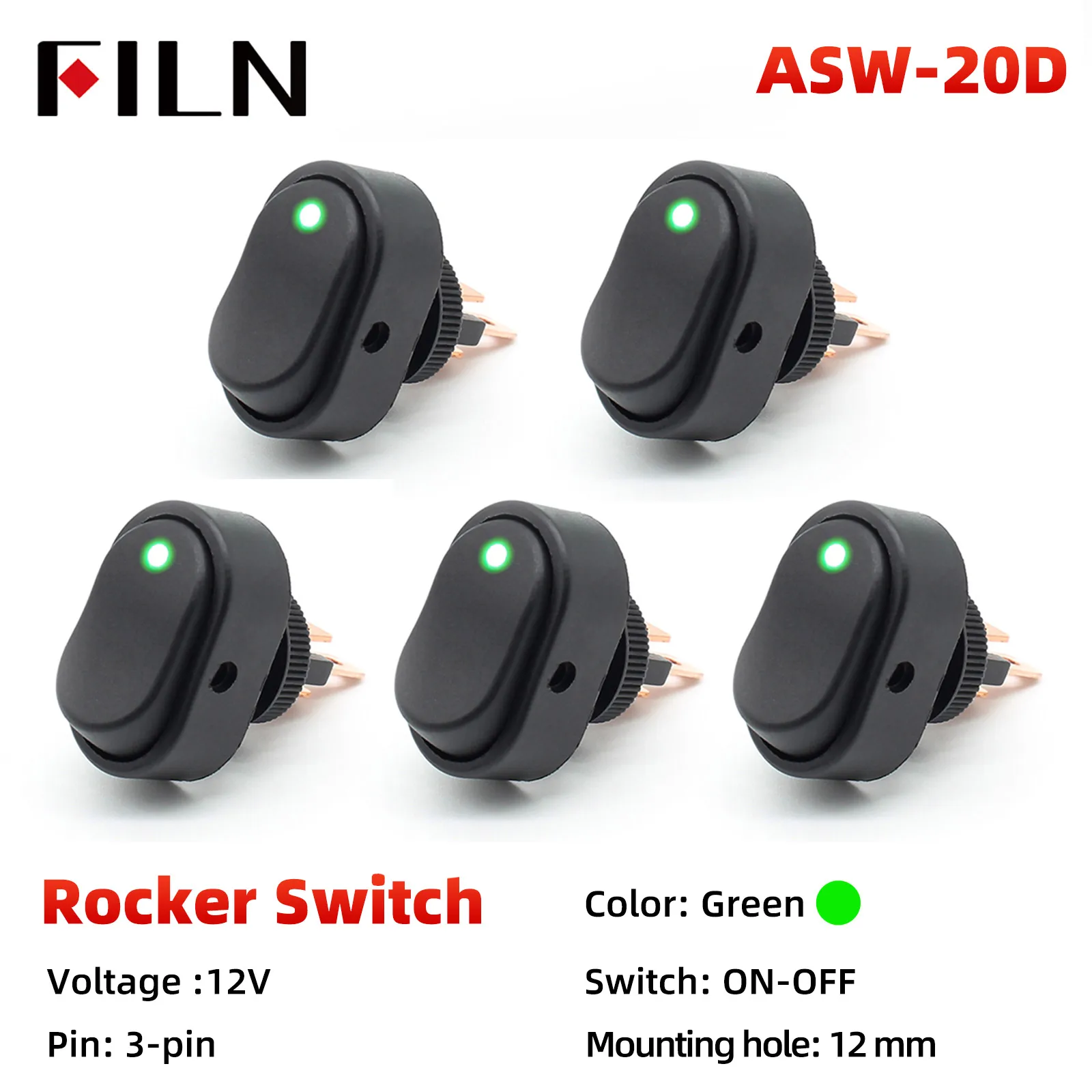 FILN  ASW-20D Headlamp Adjustable 12V 24V LED Automobile Car ON OFF Light Switch Dot Light Rocker Switch 30A 12V