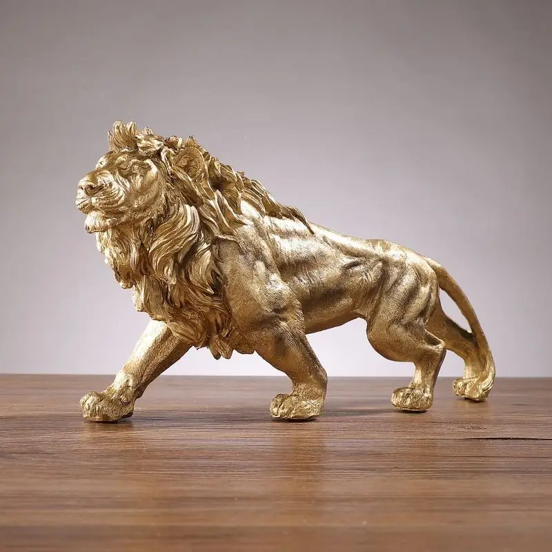 Golden Lion King Resin Statue Animal Sculpture Art Home Office Desktop Decoration Living Room Shelf Decor Gift for Men