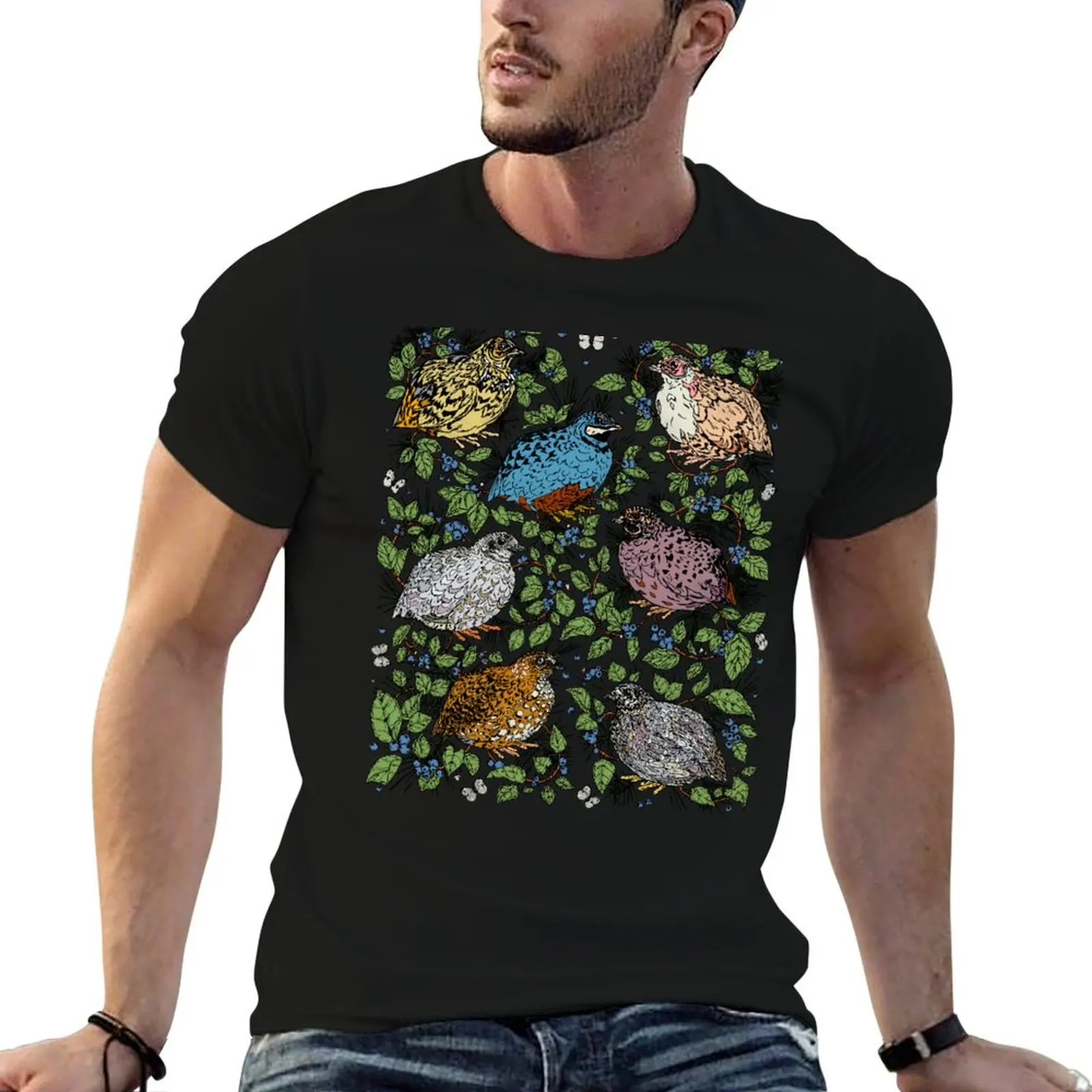 Quail, Blueberries, and Butterflies Morning Pattern T-Shirt Blouse customizeds summer tops Men's cotton t-shirt