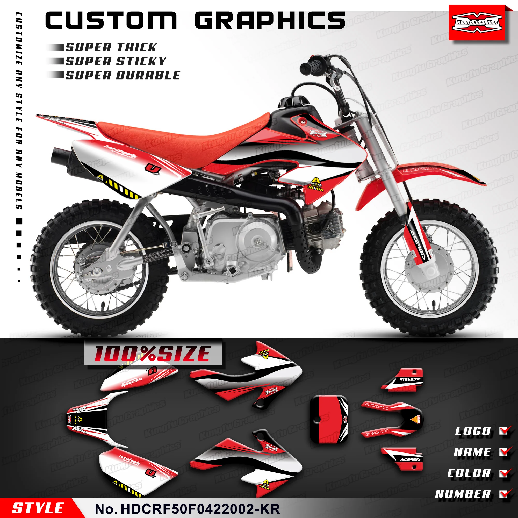 KUNGFU GRAPHICS MX Stickers Enduro Motorcycle Graphics for Honda CRF 50F CRF50 F 2004-2023, Accessories, HDCRF50F0422002-KR