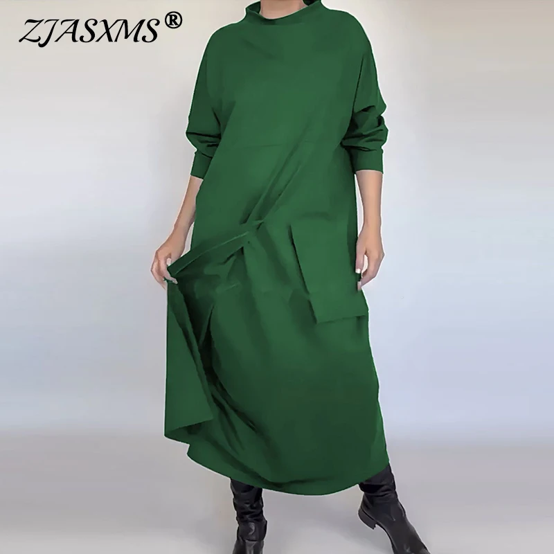 Vintage Solid Round Neck Sweatshirt Dress Women Fashion Patchowork Pocket Long Dress Autumn Winter Long Sleeve Pullovers Dresses