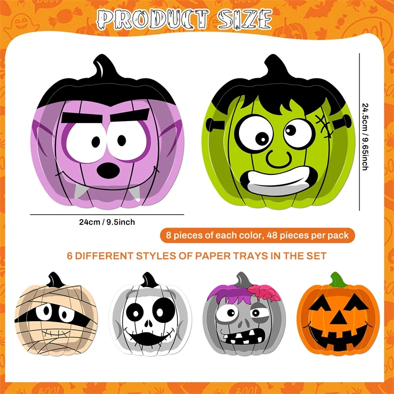 

Halloween 48pcs Pumpkin Paper Plate Halloween Orange Pumpkin Ghost Zombie Smile Disposable Paper Plate Decoration Set Gifts New