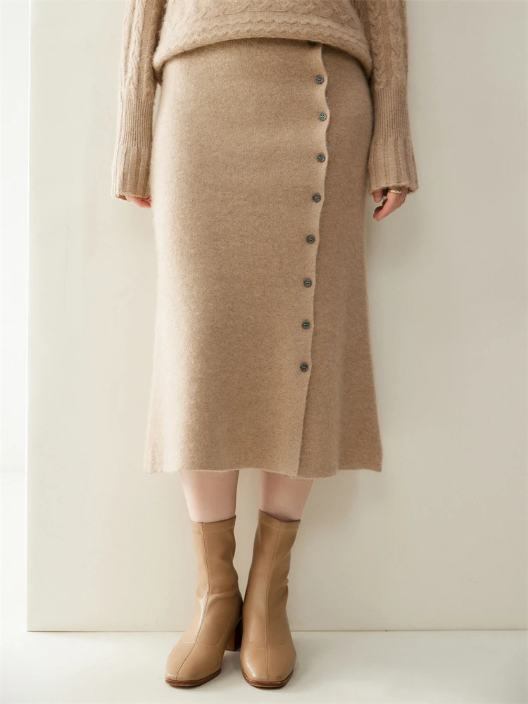 

Grace Thick Autumn Winter Casual Front-Opening Half-Length Skirt Women's Warm Soft Comfort 100% Cashmere Knitted Bottoms