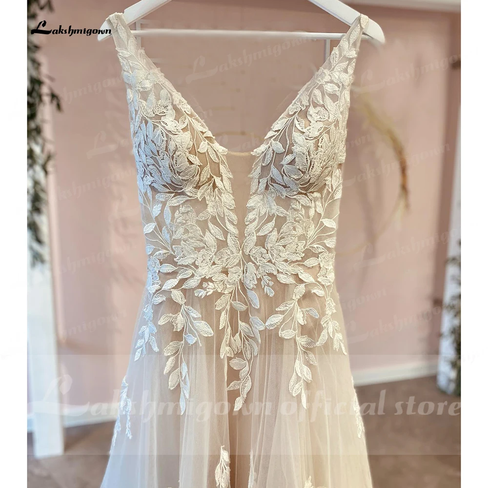 Lakshmigown scollo A V Appliques di pizzo abiti da sposa Champagne abiti da sposa una linea abito da sposa estido de noiva praiano