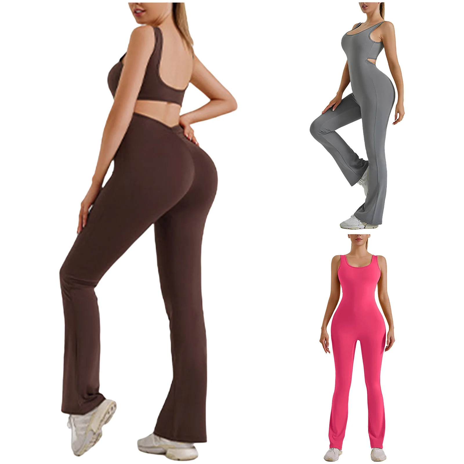 Women Backless Yoga Jumpsuit Tracksuits Solid Color U Neck Sleeveless Stretchy Bodysuit Gym Workout Fitness Running Sportswear