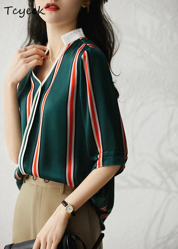 

Tcyeek, 100%Mulberry Silk Elegant Shirt, Women Short Sleeve V Neck Stripe, OL Elegant Casual Blouse, 2024 Summer T46123QM