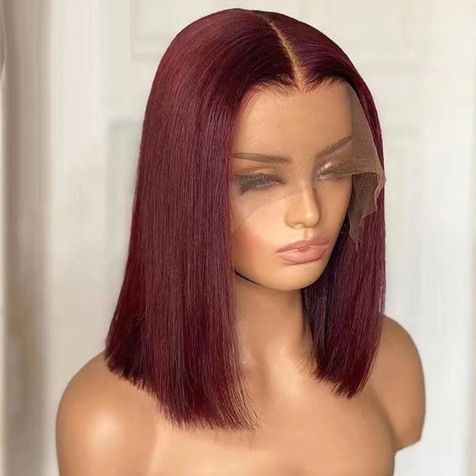 Tuneful 99j Burgundy Colored Human Hair Bob Wigs Straight 13x4 Full Frontal Human Hair Wigs Lace Front Wigs 180% Density