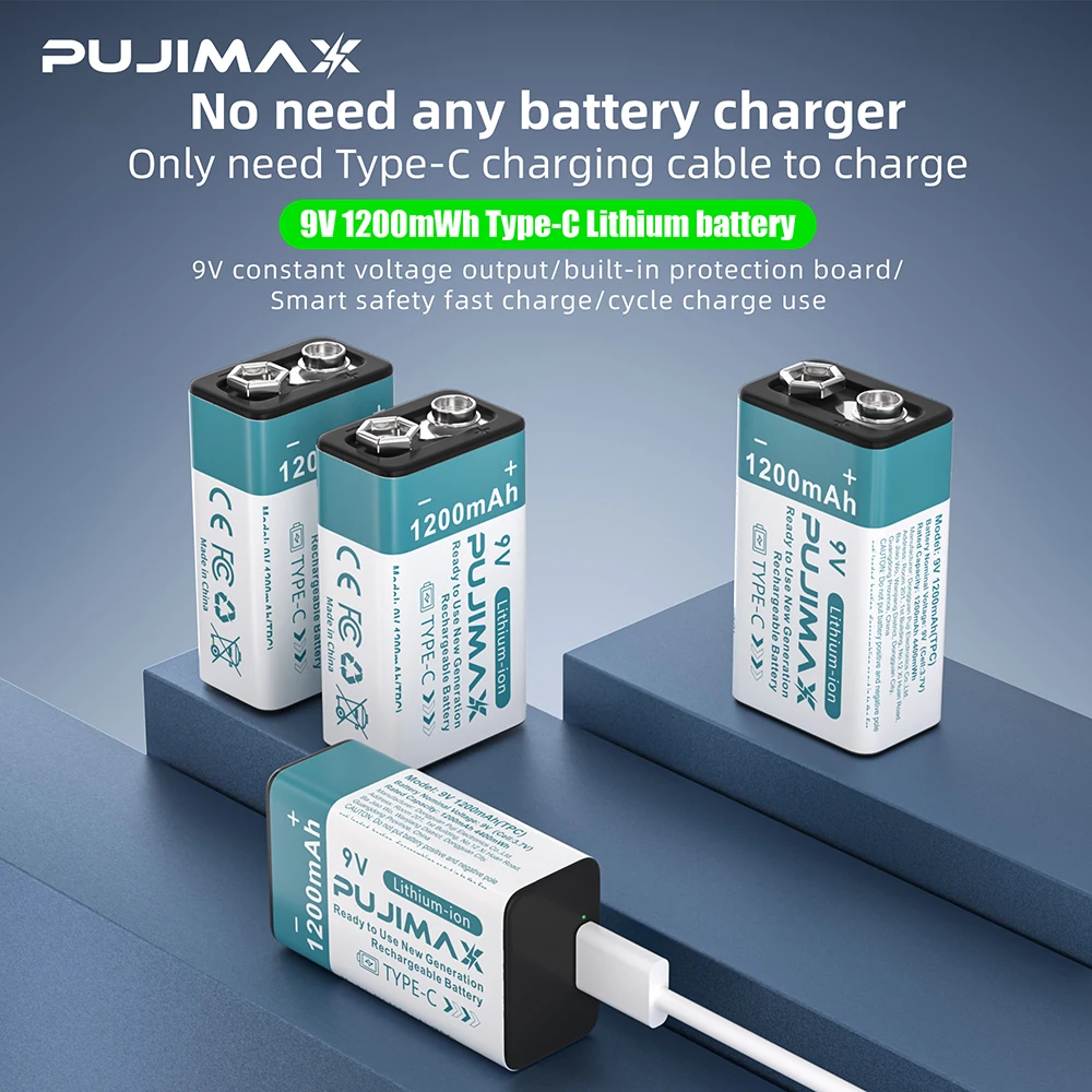 PUJIMAX USB 9 فولت بطارية قابلة للشحن 1200 مللي أمبير نوع-C قابلة للشحن 9 فولت بطارية ليثيوم أيون لنموذج طائرة هليكوبتر متعدد إنذار الدخان #1