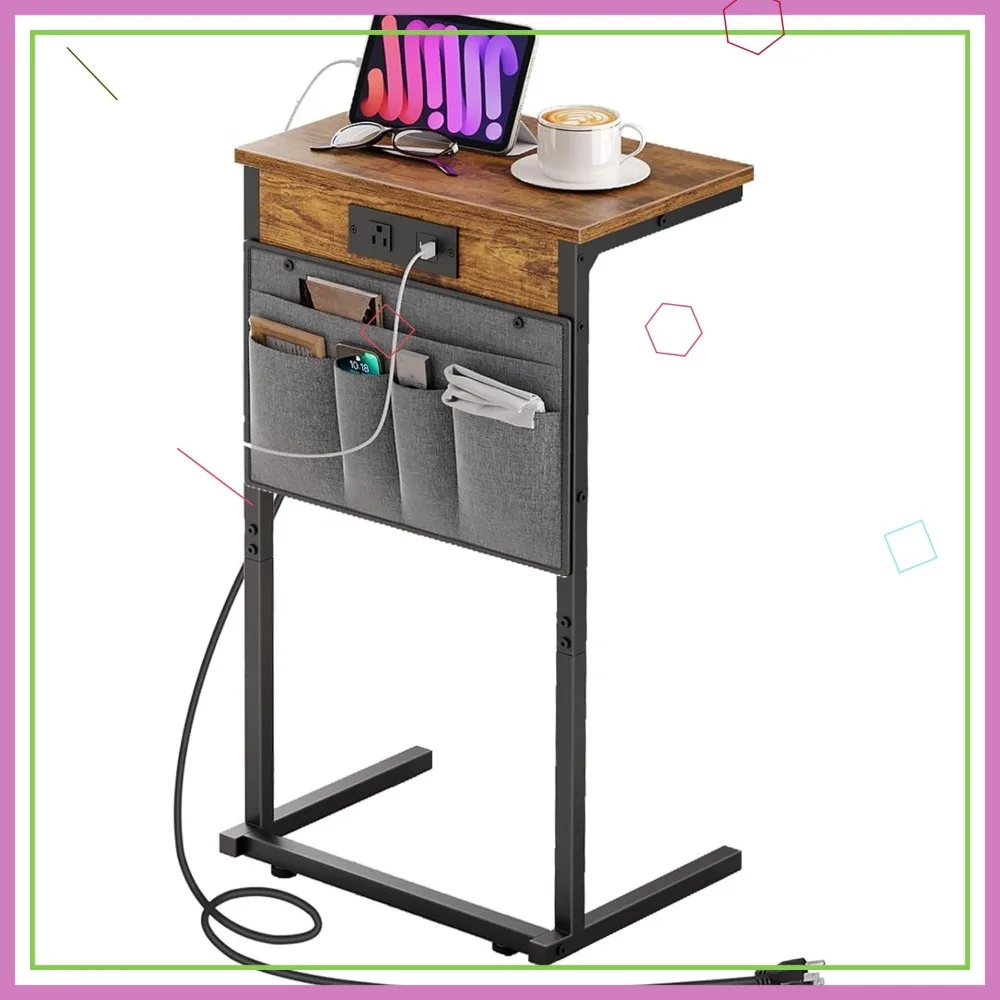 

C-Shaped Sofa Side Table with Charging Station, 2-Tier Storage Bag, Fits Under Couch, Rustic Brown