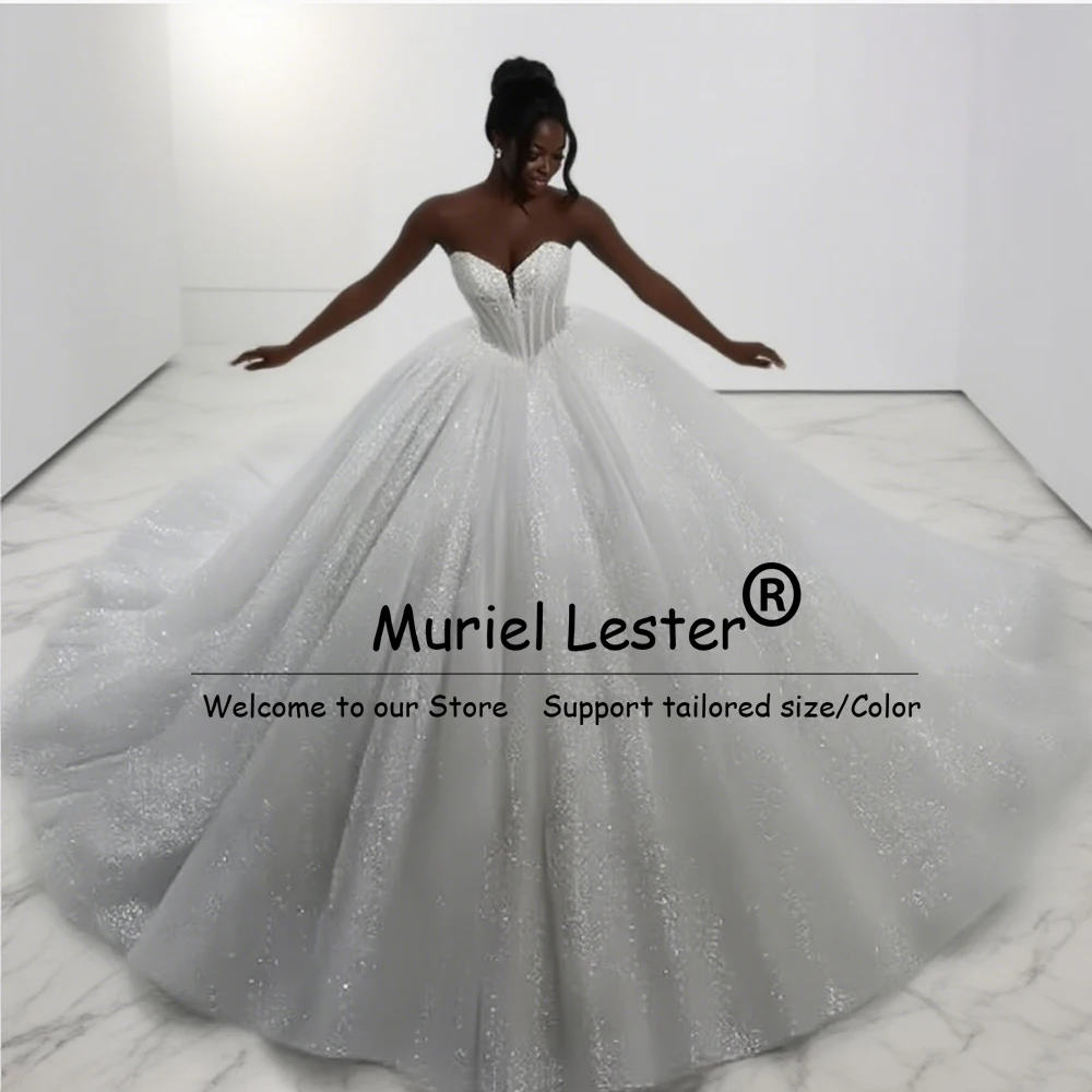 Sparkling Sequins Tulle Strapless Wedding Gowns For Bride Customized Lace-Up Crystals Beading A Line Bridal Dress Robe De Mariee